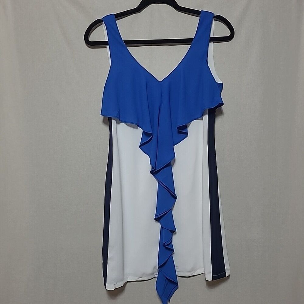 Sugar Lips Colorblock Mini Dress XS Ruffle Front Blue White Sleeveless FLAW